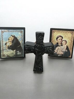 Black Decorative Resin Cross with Ornate Scrollwork and 2 Christian Frames